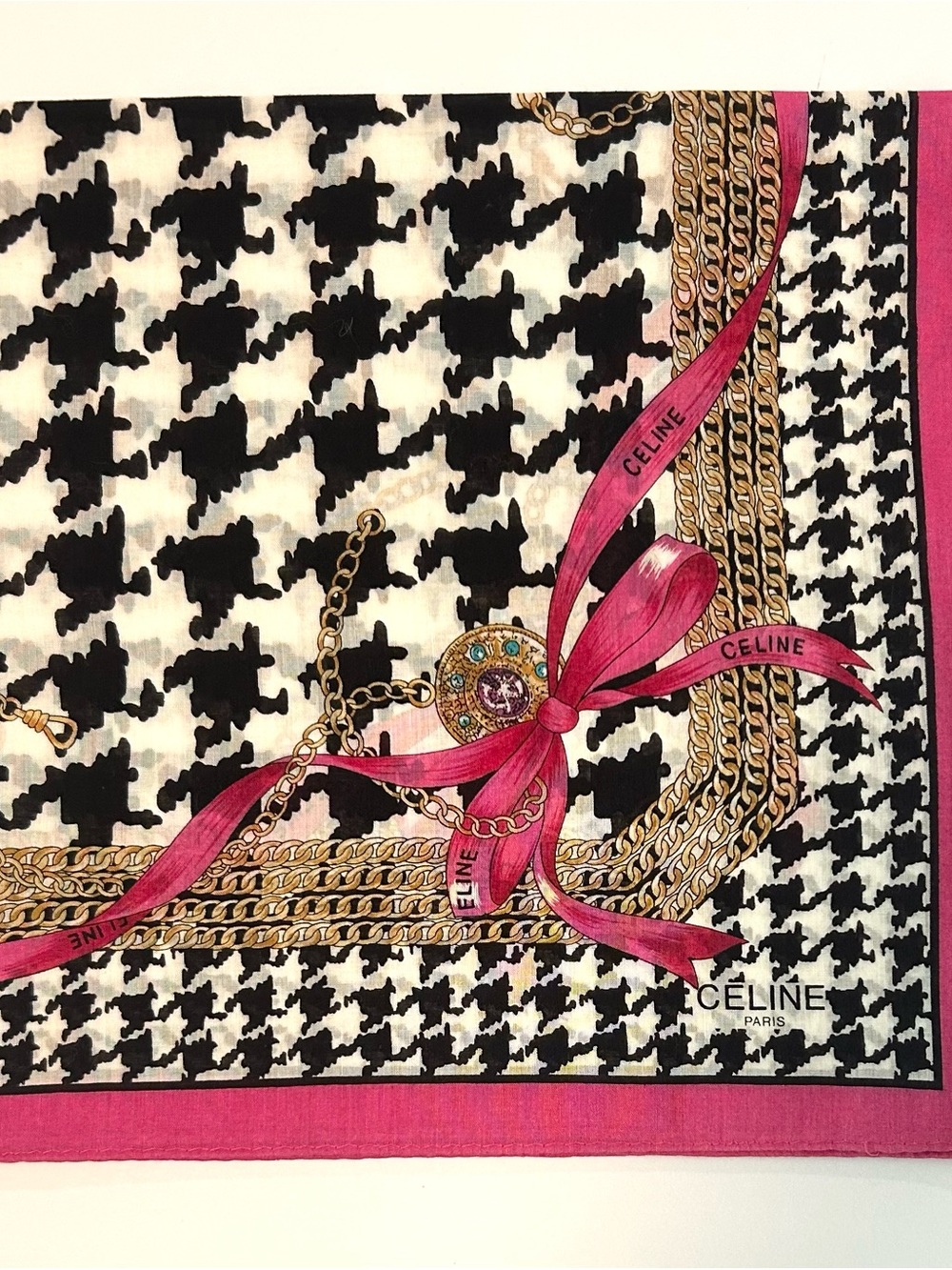 WOMEN HANDKERCHIEF CELINE Houndstooth Black Pink Bow COTTON POCKET SQUARE 18” - Picture 3 of 6